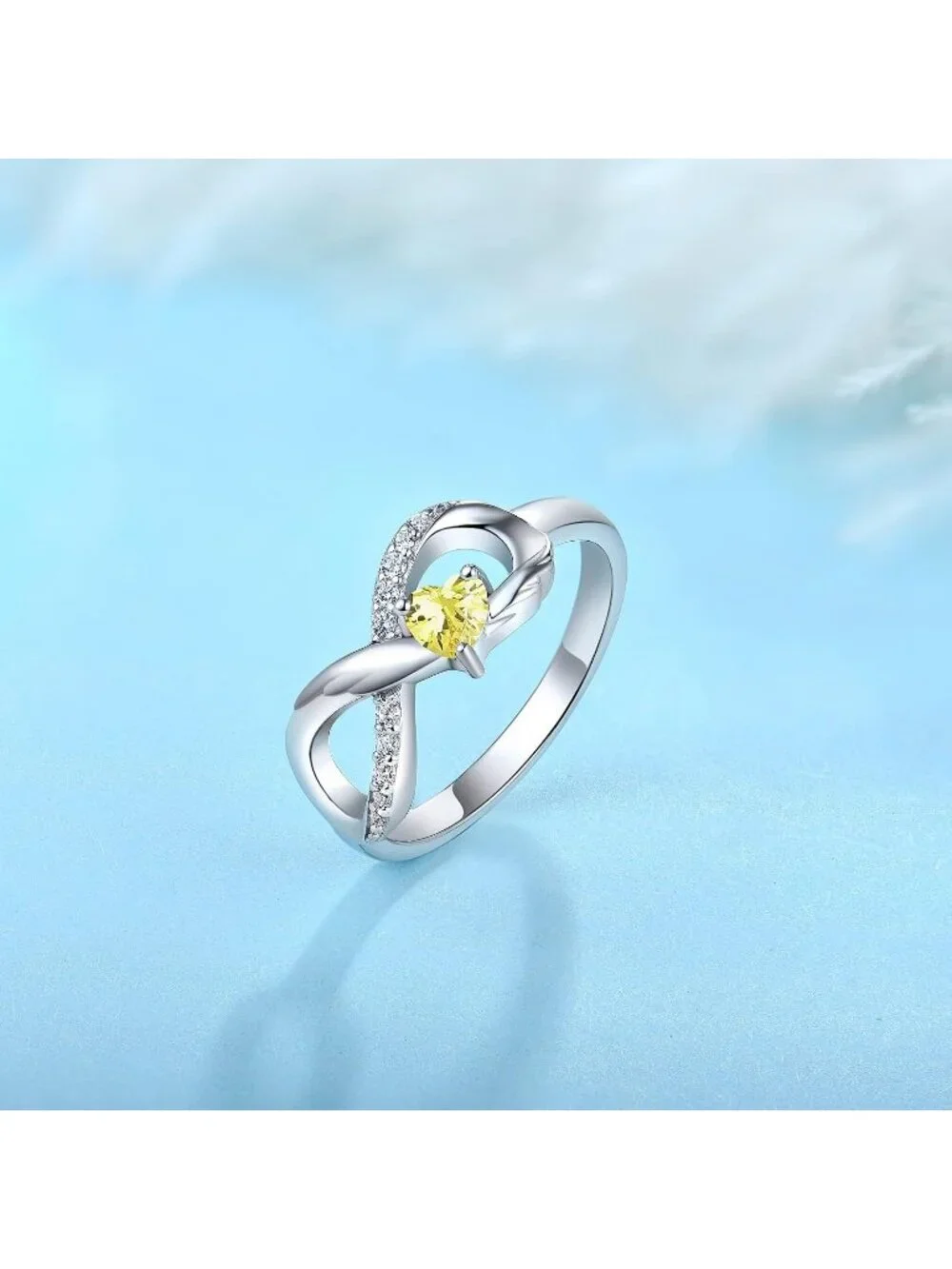 Women's Golden Topaz 925 Sterling Silver Infinity Promise Angel Wings Heart Ring
